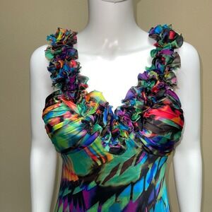 Vibrant Abstract Satin Gown Handkerchief Hem Maxi Dress Whimsy Prom Size 6